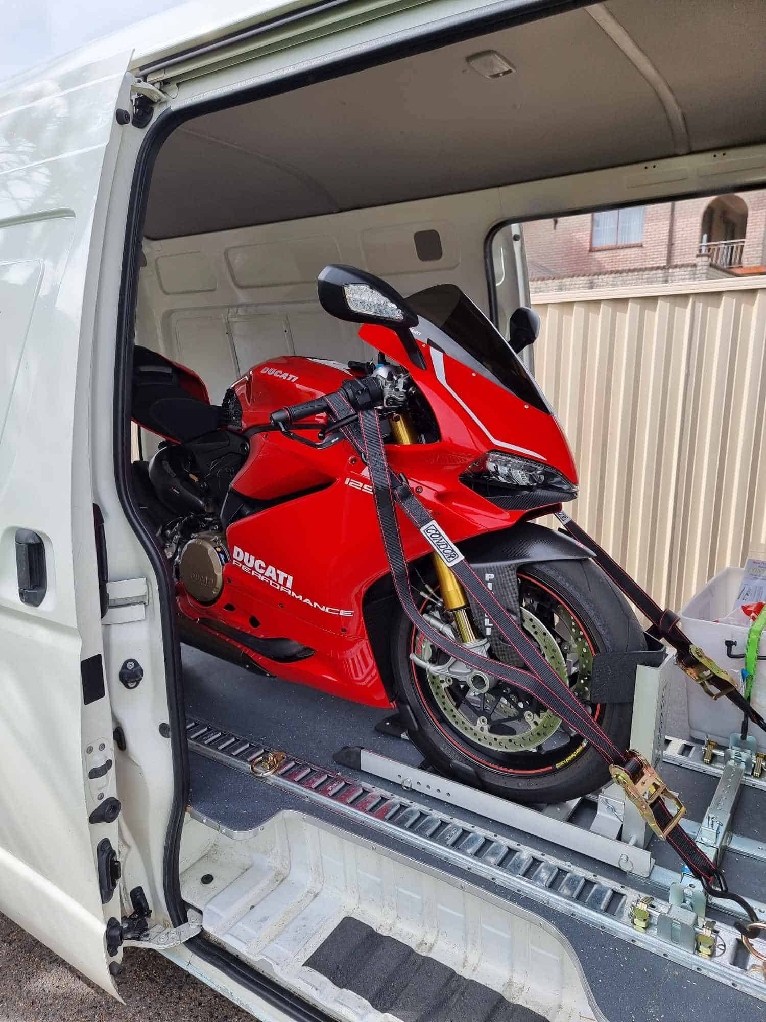 Ducati in van getting delivered